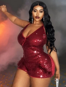 Veslaya Plus Size Women Holiday Solid Color Sequin Decorated Romper,Valentine's Day - Red - View 7