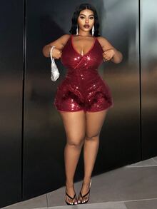 Veslaya Plus Size Women Holiday Solid Color Sequin Decorated Romper,Valentine's Day - Red - View 4