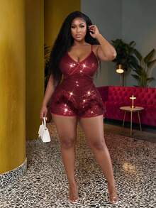 Veslaya Plus Size Women Holiday Solid Color Sequin Decorated Romper,Valentine's Day - Red - View 1