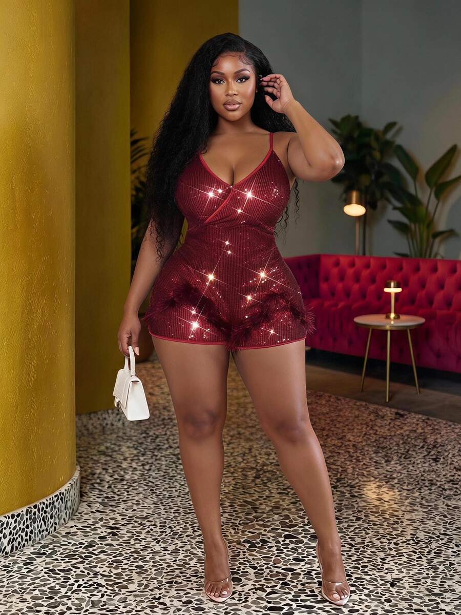 Veslaya Plus Size Women Holiday Solid Color Sequin Decorated Romper,Valentine's Day - Red - View 1