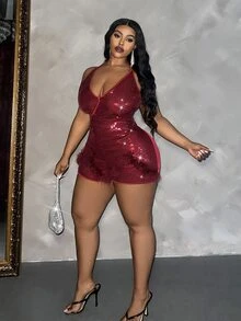 Veslaya Plus Size Women Holiday Solid Color Sequin Decorated Romper,Valentine's Day - Red - View 6