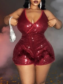 Veslaya Plus Size Women Holiday Solid Color Sequin Decorated Romper,Valentine's Day - Red - View 8