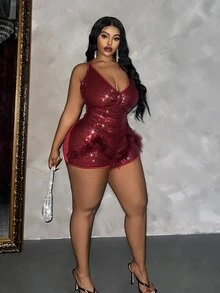 Veslaya Plus Size Women Holiday Solid Color Sequin Decorated Romper,Valentine's Day - Red - View 5