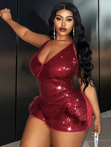 Veslaya Plus Size Women Holiday Solid Color Sequin Decorated Romper,Valentine's Day - Red - View 3