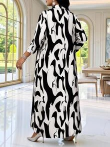 SHEIN Lady CURVE 大尺碼時尚通勤茶會正式度假全印花夾克長褲兩件套 全白黑色 秋季優雅 - 彩色 - 查看 2
