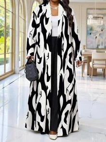SHEIN Lady CURVE 大尺碼時尚通勤茶會正式度假全印花夾克長褲兩件套 全白黑色 秋季優雅 - 彩色 - 查看 4