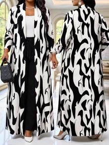 SHEIN Lady CURVE 大尺碼時尚通勤茶會正式度假全印花夾克長褲兩件套 全白黑色 秋季優雅 - 彩色 - 查看 1