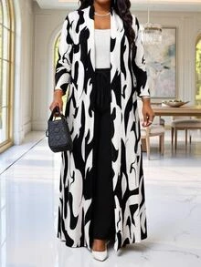 SHEIN Lady CURVE 大尺碼時尚通勤茶會正式度假全印花夾克長褲兩件套 全白黑色 秋季優雅 - 彩色 - 查看 6