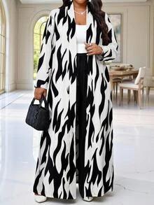 SHEIN Lady CURVE 大尺碼時尚通勤茶會正式度假全印花夾克長褲兩件套 全白黑色 秋季優雅 - 彩色 - 查看 5