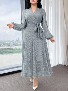 Feyla Women's Blue Chiffon Cut-Out Jacquard Elegant Swing Dress - Dusty Blue - View 3