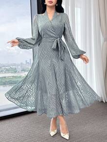 Feyla Women's Blue Chiffon Cut-Out Jacquard Elegant Swing Dress - Dusty Blue - View 5