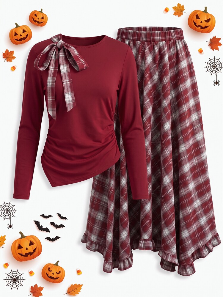 Sweetra CURVE Women's Plus Size Long Sleeve Knit Top Plaid Skirt Set, College 1920s, Girls Commute Party Dinner Date, Slimming 2 Pieces Oktoberfest Burgundy Autumn - Burgundy - View 3