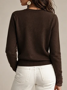 SHEIN Women Round Neck Knit Sweater, Double‑Breasted Metal Button Decor Long Sleeve Cropped Knitted Pullov - Brown - View 2