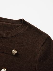 SHEIN Women Round Neck Knit Sweater, Double‑Breasted Metal Button Decor Long Sleeve Cropped Knitted Pullov - Brown - View 6