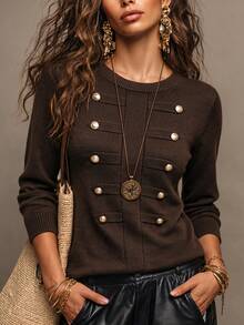 SHEIN Women Round Neck Knit Sweater, Double‑Breasted Metal Button Decor Long Sleeve Cropped Knitted Pullov - Brown - View 3