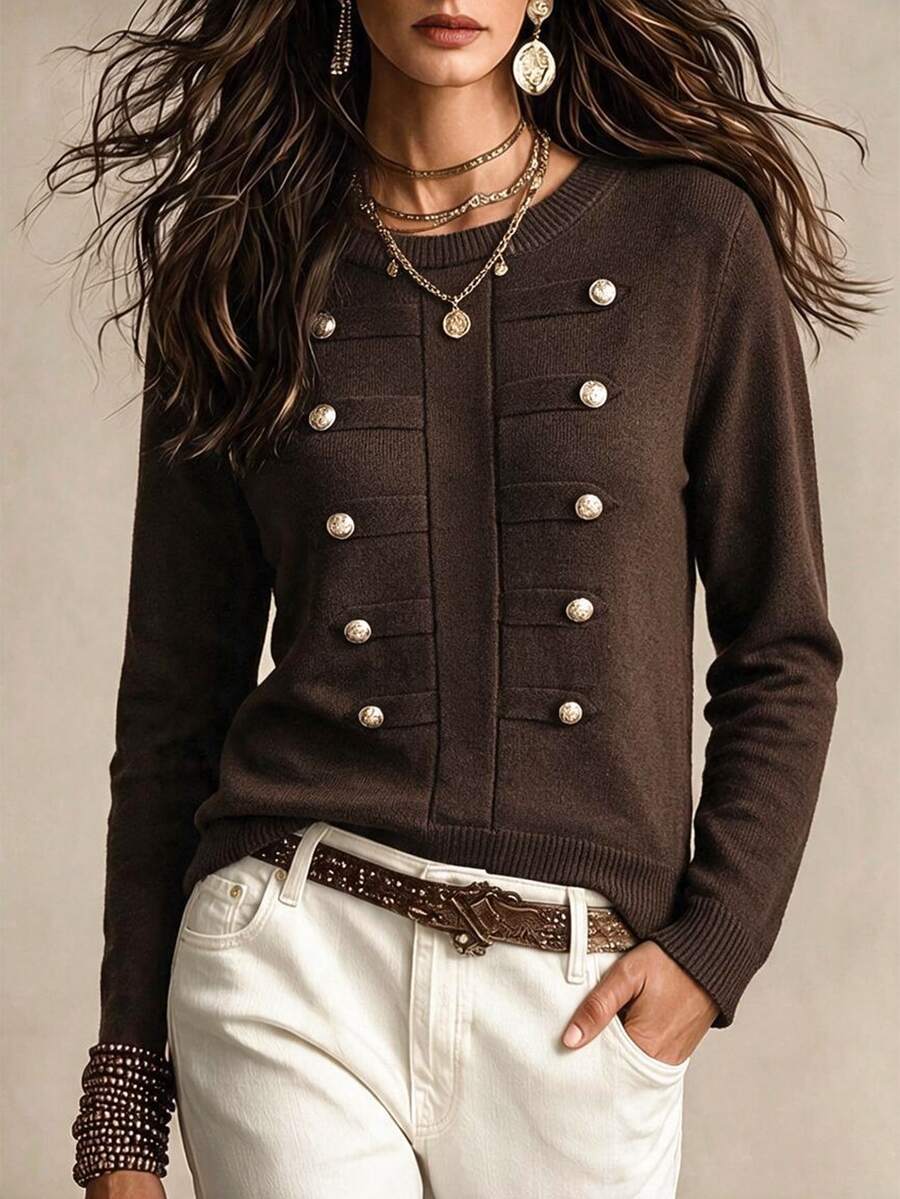 SHEIN Women Round Neck Knit Sweater, Double‑Breasted Metal Button Decor Long Sleeve Cropped Knitted Pullov - Brown - View 1