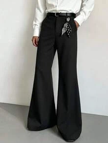 HIMLAND Men's Solid Color Waist Button Design Pocket Casual Flare Pants Halloween Winter Party Autumn  - Black - View 10
