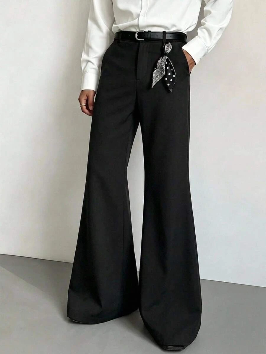 HIMLAND Men's Solid Color Waist Button Design Pocket Casual Flare Pants Halloween Winter Party Autumn - Black - View 1