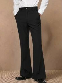 HIMLAND Men's Solid Color Waist Button Design Pocket Casual Flare Pants Halloween Winter Party Autumn  - Black - View 9
