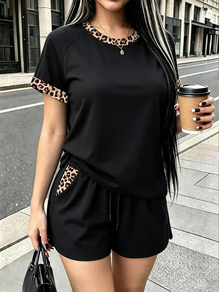 Resyla Women Casual Matching Leopard Print T-Shirt And Shorts Set, Versatile For Summer - Multicolor - View 1