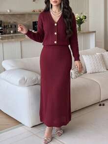 Feyla Women's Solid Color Long Sleeve Top And Skirt Knit Set - Burgundy - View 1