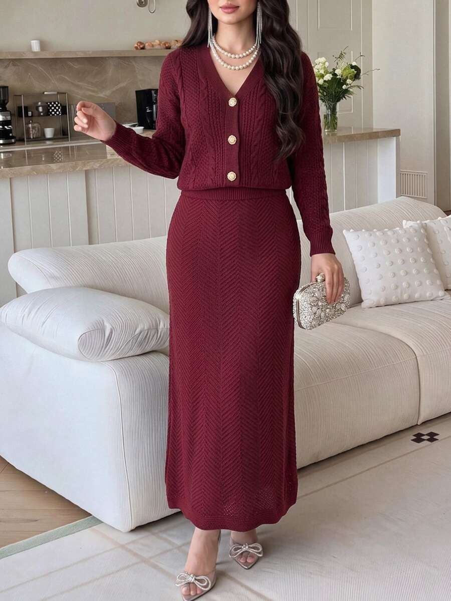 Feyla Women's Solid Color Long Sleeve Top And Skirt Knit Set - Burgundy - View 1