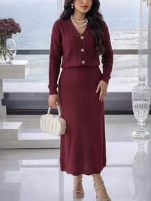 Feyla Women's Solid Color Long Sleeve Top And Skirt Knit Set - Burgundy - View 4