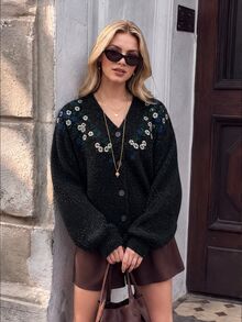 Anewsta Autumn/Winter New Starry Knit Cardigan, Heavy Blue And White Floral Embroidery On Chest, V-Neck, Lantern Sleeves, Loose Fit, Slimming, Vintage Casual Knit Cardigan For Women - Black - View 3