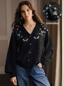 Anewsta Autumn/Winter New Starry Knit Cardigan, Heavy Blue And White Floral Embroidery On Chest, V-Neck, Lantern Sleeves, Loose Fit, Slimming, Vintage Casual Knit Cardigan For Women - Black - View 1