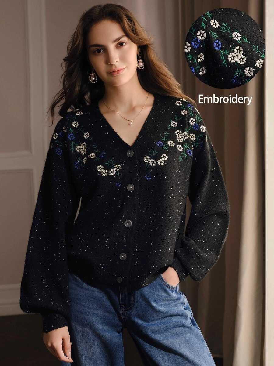 Anewsta Autumn/Winter New Starry Knit Cardigan, Heavy Blue And White Floral Embroidery On Chest, V-Neck, Lantern Sleeves, Loose Fit, Slimming, Vintage Casual Knit Cardigan For Women - Black - View 1