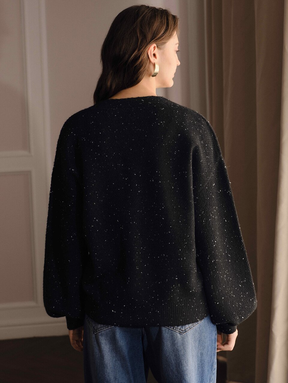 Anewsta Women's Casual Black V Neck Long Bishop Sleeve Short Cardigan With Christmas Embroidery And Button Front Detail