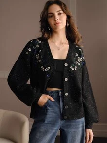 Anewsta Autumn/Winter New Starry Knit Cardigan, Heavy Blue And White Floral Embroidery On Chest, V-Neck, Lantern Sleeves, Loose Fit, Slimming, Vintage Casual Knit Cardigan For Women - Black - View 5