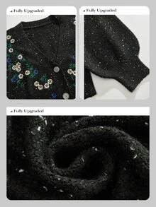 Anewsta Autumn/Winter New Starry Knit Cardigan, Heavy Blue And White Floral Embroidery On Chest, V-Neck, Lantern Sleeves, Loose Fit, Slimming, Vintage Casual Knit Cardigan For Women - Black - View 7