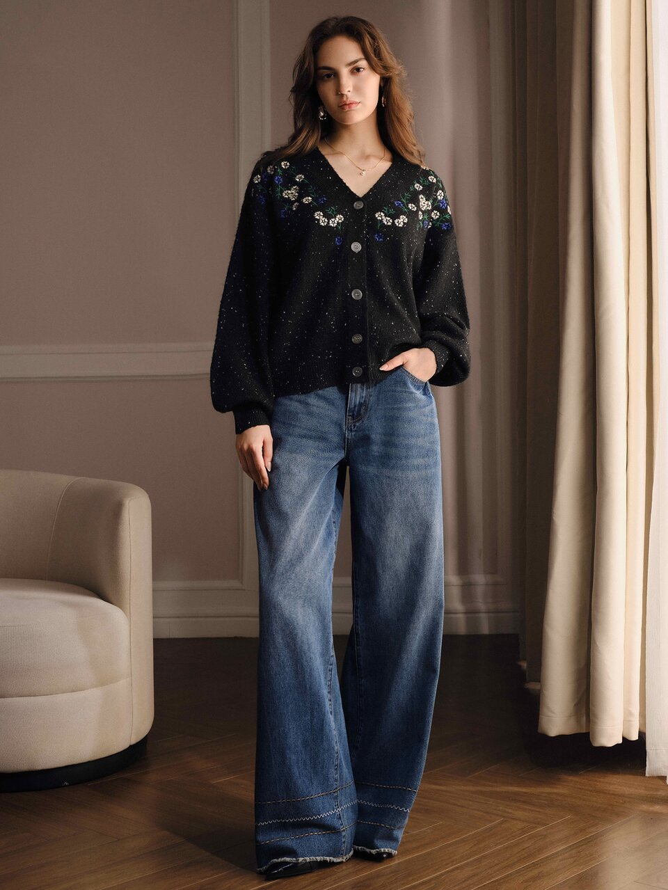Anewsta Women's Casual Black V Neck Long Bishop Sleeve Short Cardigan With Christmas Embroidery And Button Front Detail