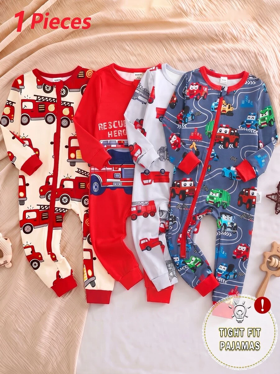 [Randomly Shipped 1pc] Baby Boy Cute Cartoon Dinosaur/Elephant Print Blue-Grey Long Sleeve Long Pants Pajama Set - Zipper Design, Knitted Fabric, Comfortable Soft Fit, Simple Versatile - Multicolor - View 1