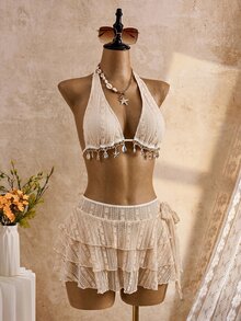 SHEIN Swim Women's Summer Vacation Beach Shell Tassel Halter Bikini Set - Brown - View 13