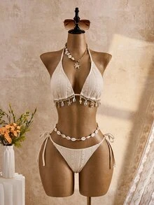 SHEIN Swim Women's Summer Vacation Beach Shell Tassel Halter Bikini Set - Brown - View 14