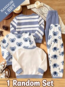 SHEIN Random 3 Sets Send 1 Set Baby Boy Casual Sweatshirt Set, All-Over Print Koala, Large Cartoon Elephant, Blue And White Wide Stripe Pony, Matching Same Pattern Cuffed Pants, Simple And Playful Design, Suitable For Outings, Shopping, Daily Wear, Spring, Autumn, Winter - Multicolor - View 2