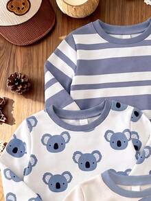 SHEIN Random 3 Sets Send 1 Set Baby Boy Casual Sweatshirt Set, All-Over Print Koala, Large Cartoon Elephant, Blue And White Wide Stripe Pony, Matching Same Pattern Cuffed Pants, Simple And Playful Design, Suitable For Outings, Shopping, Daily Wear, Spring, Autumn, Winter - Multicolor - View 5
