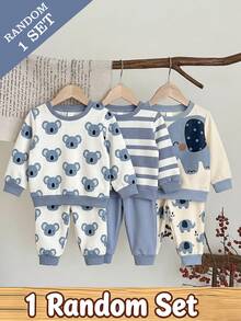 SHEIN Random 3 Sets Send 1 Set Baby Boy Casual Sweatshirt Set, All-Over Print Koala, Large Cartoon Elephant, Blue And White Wide Stripe Pony, Matching Same Pattern Cuffed Pants, Simple And Playful Design, Suitable For Outings, Shopping, Daily Wear, Spring, Autumn, Winter - Multicolor - View 3