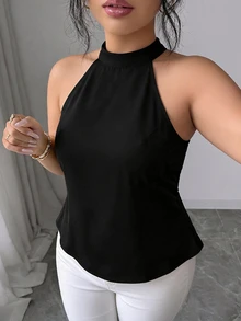 Elenzga Plus Size Women's Solid Color Back Contrast Lace Elegant Halter Neck Blouse - Black - View 3