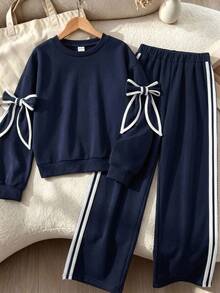 SHEIN Kids Tween Girl Round Neck Bowknot Decor Long Sleeve Autumn Sweatshirt And Sweatpants Casual Daily Outfit Set - Navy Blue - View 4