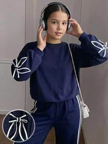 SHEIN Kids Tween Girl Round Neck Bowknot Decor Long Sleeve Autumn Sweatshirt And Sweatpants Casual Daily Outfit Set - Navy Blue - View 1