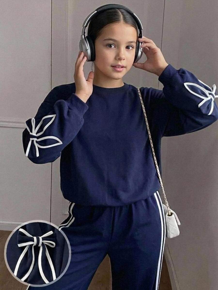 SHEIN Kids Tween Girl Round Neck Bowknot Decor Long Sleeve Autumn Sweatshirt And Sweatpants Casual Daily Outfit Set - Navy Blue - View 1