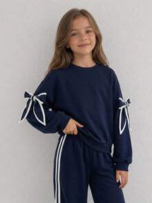 SHEIN Kids Tween Girl Round Neck Bowknot Decor Long Sleeve Autumn Sweatshirt And Sweatpants Casual Daily Outfit Set - Navy Blue - View 2