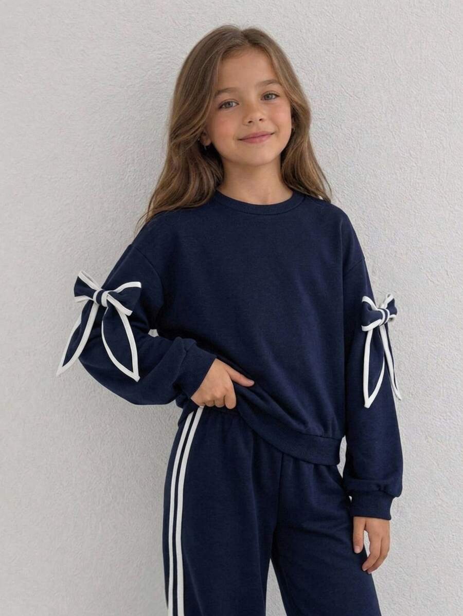 SHEIN Kids Tween Girl Round Neck Bowknot Decor Long Sleeve Autumn Sweatshirt And Sweatpants Casual Daily Outfit Set - Navy Blue - View 1