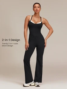 GLOWMODE 31" FeatherFit™ Daily Glow 2-In-1 Color-Blocked Bodysuit With Flare-Leg & Crisscross Back Yoga Pilates Studio Daily Active Wear - Black and White - View 5