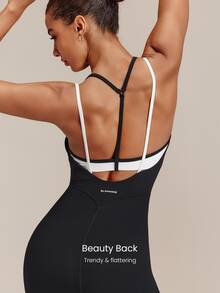 GLOWMODE 31" FeatherFit™ Daily Glow 2-In-1 Color-Blocked Bodysuit With Flare-Leg & Crisscross Back Yoga Pilates Studio Daily Active Wear - Black and White - View 4