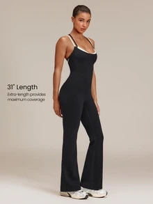 GLOWMODE 31" FeatherFit™ Daily Glow 2-In-1 Color-Blocked Bodysuit With Flare-Leg & Crisscross Back Yoga Pilates Studio Daily Active Wear - Black and White - View 2
