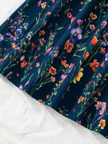 SHEIN Tween Girls Floral Ruffle Hem Dress, Navy Blue Slim Fit, Elegant Sweet Casual Print, Autumn Pastoral - Multicolor - View 7